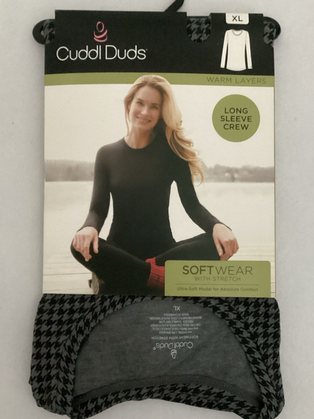 Cuddl Duds Long Sleeve Crew Top - Black with Gray Houndstooth Trim